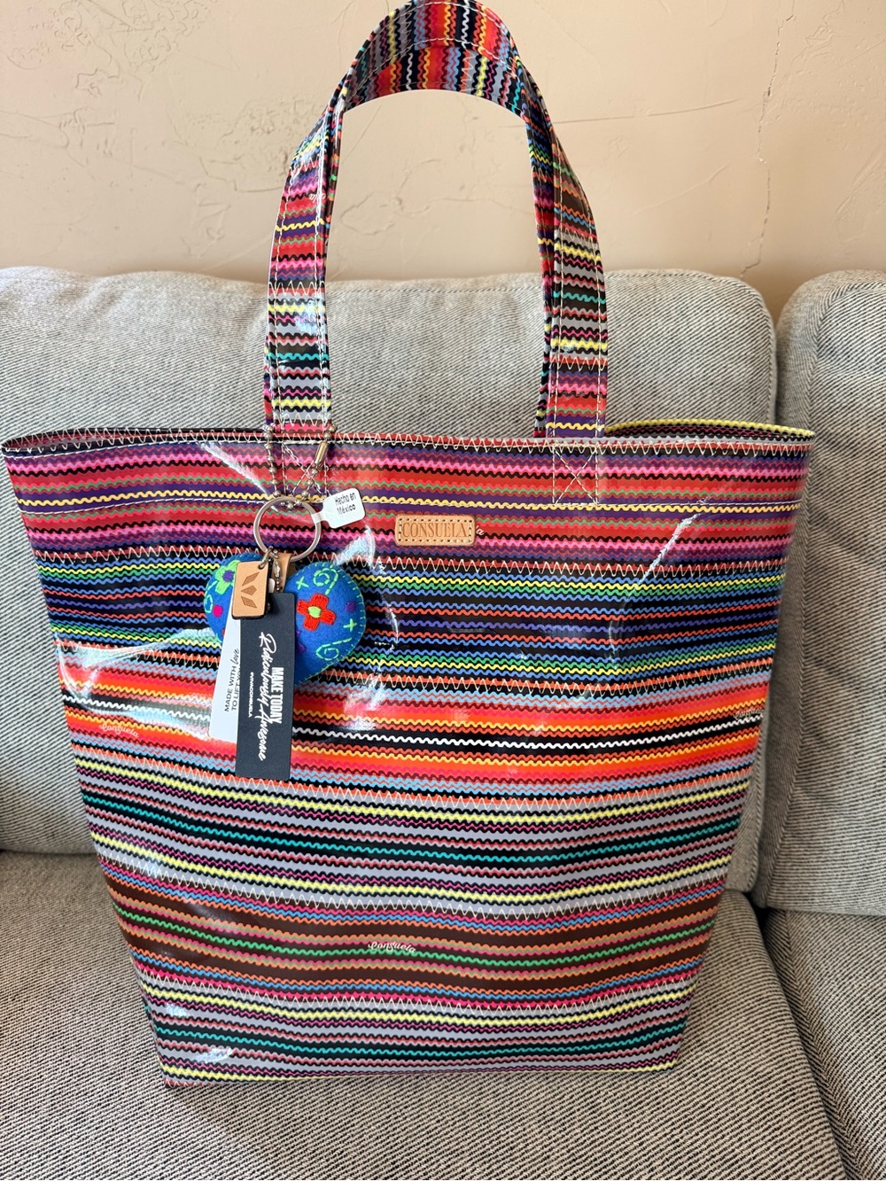 Consuela, Grab and go Reese Striped Multicolor Tote Bag & heart charm NWT